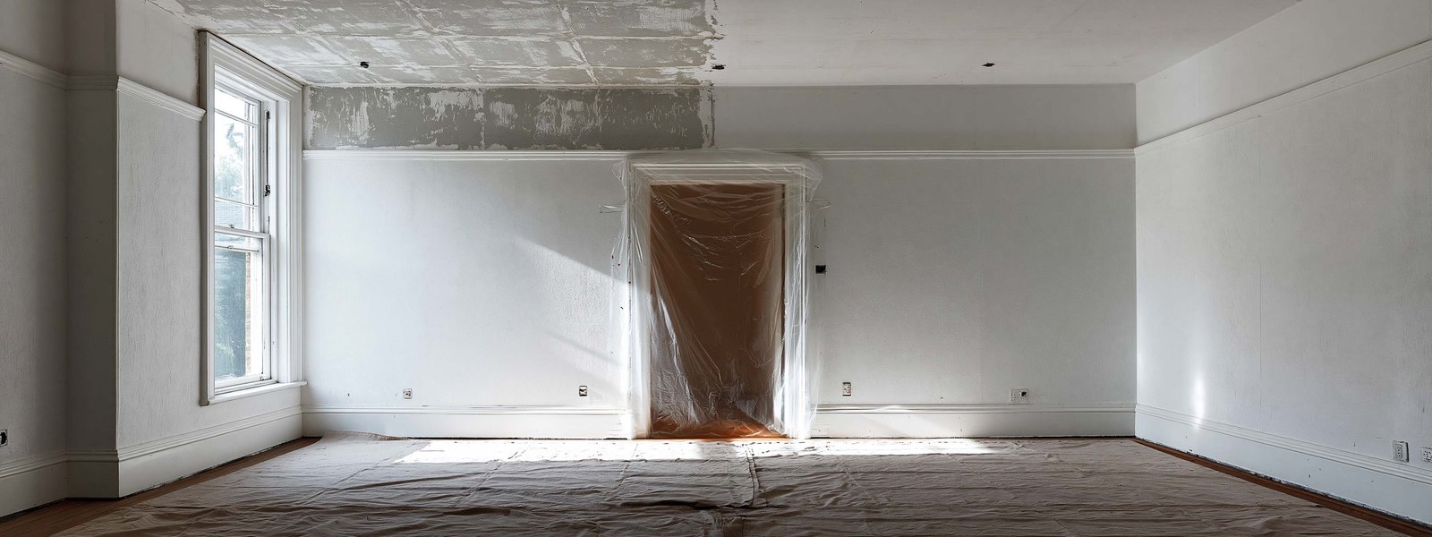 Emptied bedroom with canvas cloths over the whole floor and plastic taped across the doorway, half the ceiling above scraped back to bare board and half still carrying its old white sprayed finish
