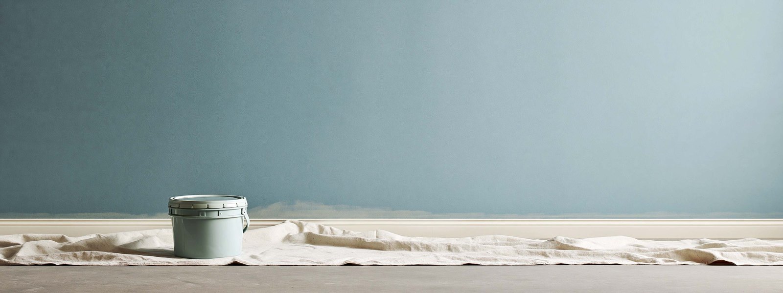 Drywall contractor kneeling beside an interior wall with one hand flat against a pale brown water mark low on the surface above the baseboard, a canvas drop cloth under him and a utility knife on the floor beside his knee