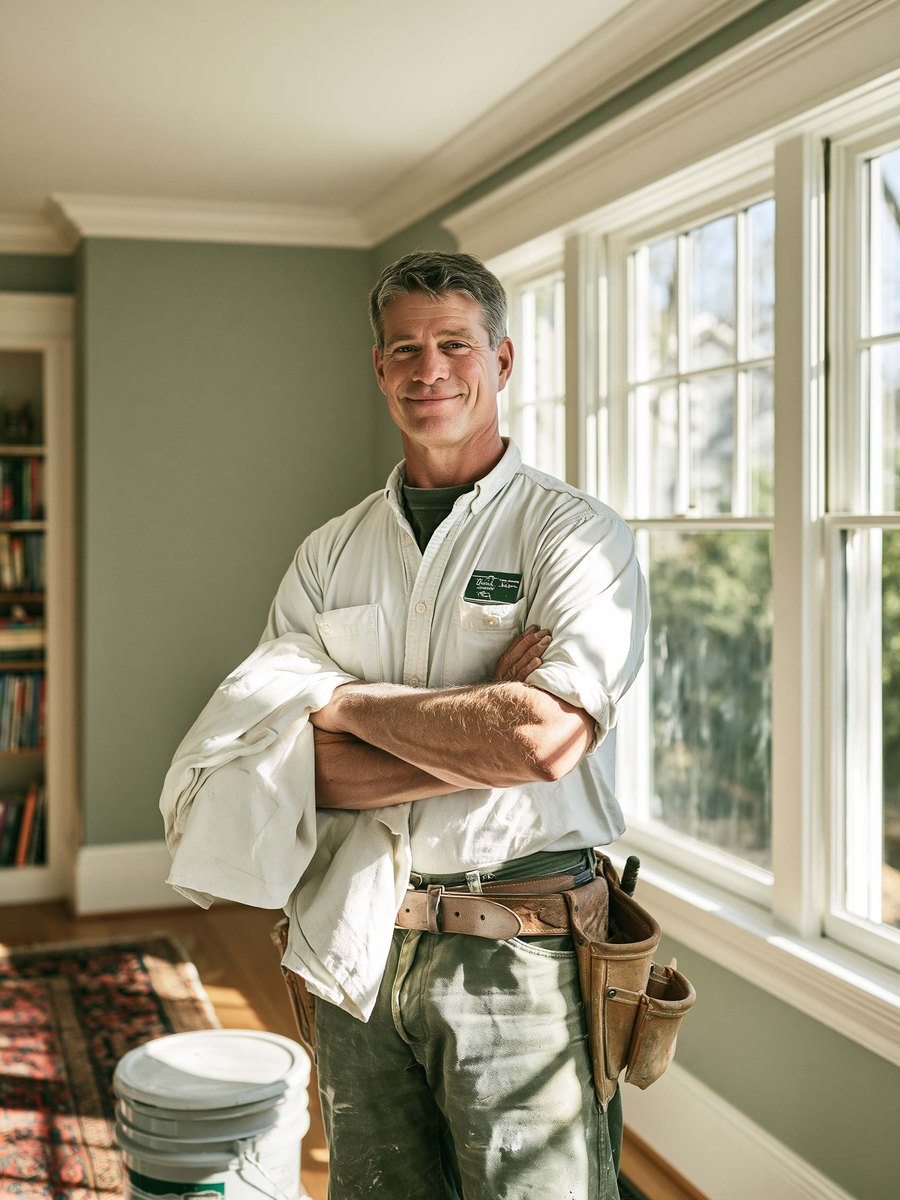Drywall contractor in a work shirt and tool belt standing back from a long knockdown textured living room wall, one hand resting on the back of an armchair, looking along the wall toward a tall window